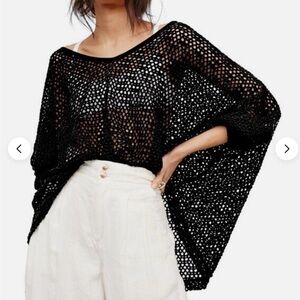 Free People / We the Free | Oversized Black Crochet V-Neck Sweater | Size Large
